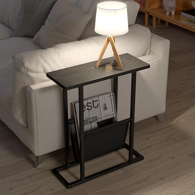 Yusong Narrow Side Table for Small Spaces, Small End Table with Magazine Holder, Skinny Slim Little Thin Table for Living Room, Bedroom, Sofa, Black Oak