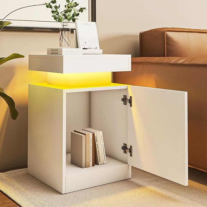 oneinmil Nightstand Set of 2 with LED Lights, Night Stand with Storage Cabinet for Bedroom, Bedside Table with LED, White