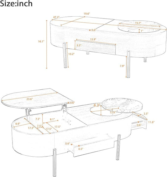 Lift Top Coffee Table with Hidden Compartment, Modern 47.2'' Oval Wooden Center Table Cocktail Tea Table with 360-degree Marble-Patterned Rotating Tray and 3 Drawers for Living Room,Black