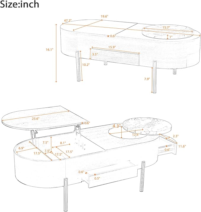 47.2'' Lift Top Coffee Table with Hidden Compartment, Modern Oval Wooden Center Table Cocktail Tea Table with 360-degree Marble-Patterned Rotating Tray and 3 Drawers for Living Room, Brown