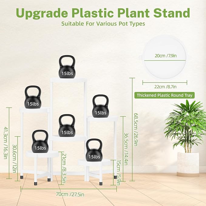 iDavosic.ly 6 Tier Folding Plant Stand Indoor Outdoor with Plastic Tray, Tiered Corner Flower Holder Shelf, Metal Orchid Display Rack for Patio Porch Living Room Garden Balcony, White