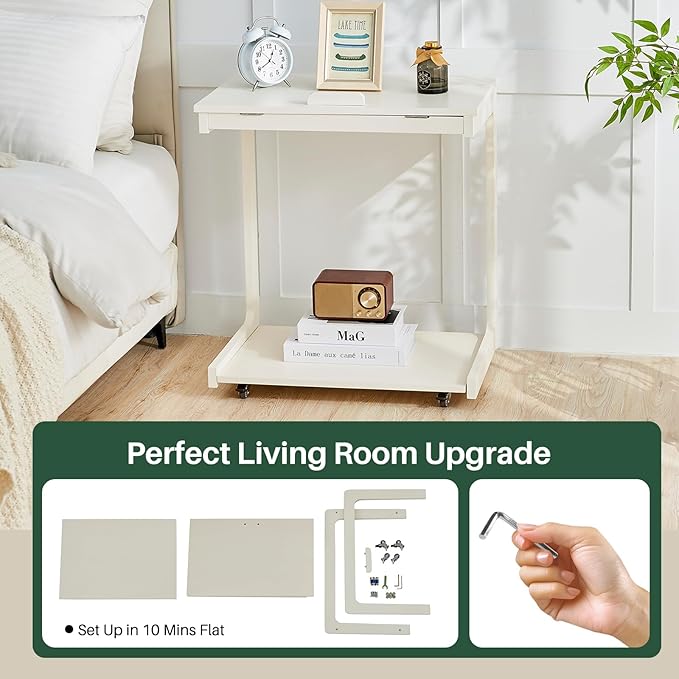 C Shaped Rolling End Table with Wheels - Solid Wood Side Table for Couch, Wooden Modern Tv Tray Bedside Tables for Sofa Armchair Living Room Bedroom, White, 15.4 in x 23.6 in x 24.8 in