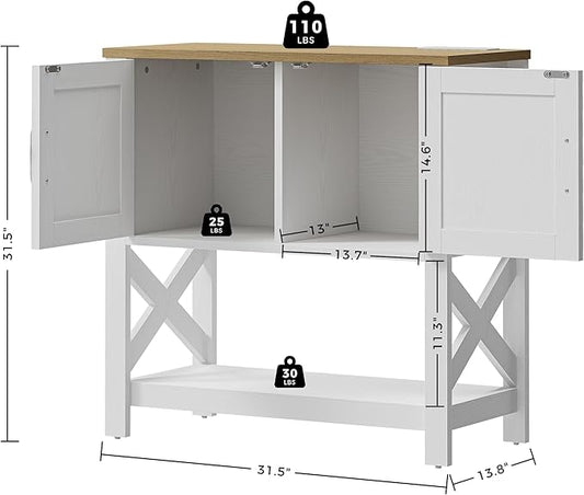 IRONCK Farmhouse Console Table with Storage Cabinet, Entryway Table with Shelf, Coffee Bar with Power Outlets for Hallway Kitchen Living Room, White