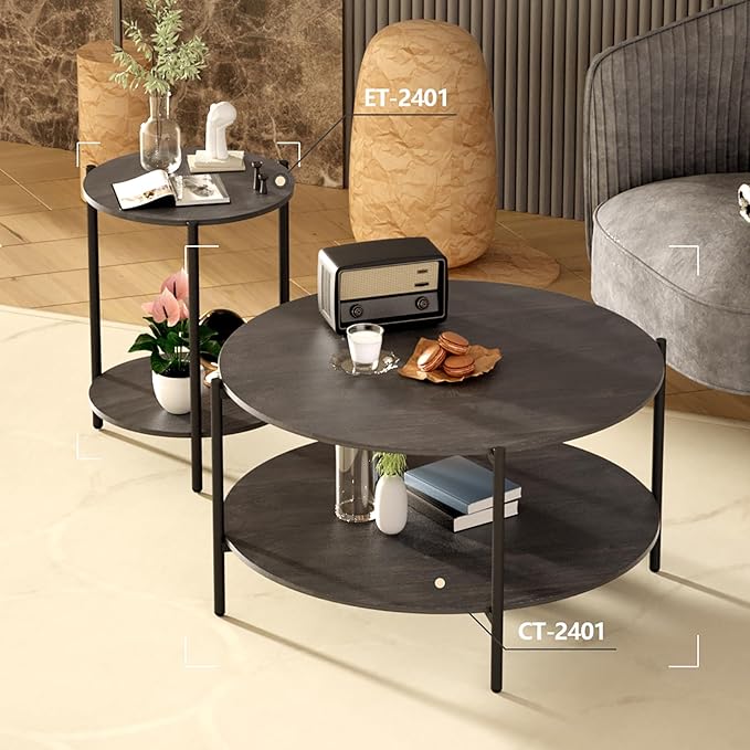 Round Side Table, 2-Tier Circle End Tables with Storage Wood Rustic 15.75" Small End Tables Farmhouse Side Table for Living Room Bedroom Balcony Small Spaces - Grey