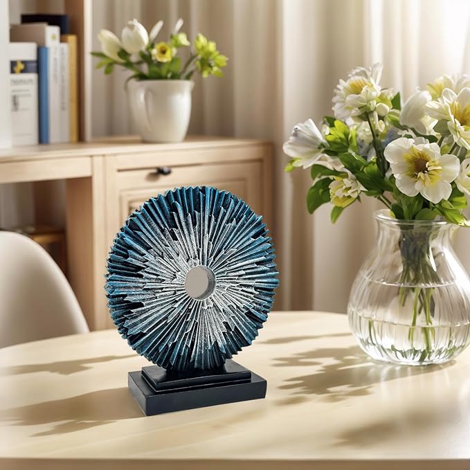 aboxoo Abstract Staute,Modern Decorative Home Decor,Office Desk Sculpture for Men,Creative Round Line Ornament for Bookshelf,Bedroom,Desktop,Dining Table(Blue Silver)