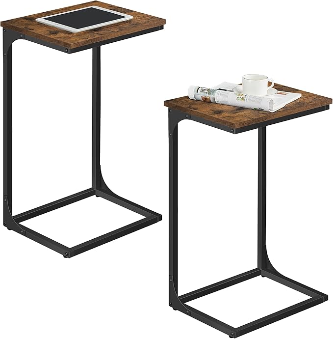 VASAGLE C-Shaped End Table, Set of 2, Side Table for Sofa, Couch Table with Metal Frame, Small TV Tray Table for Living Room, Bedroom, Rustic Brown and Black