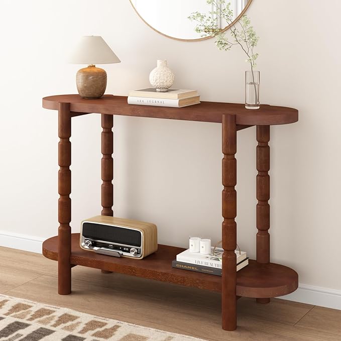 Farmhouse Entryway Table with Storage-43.4" Narrow Console Table with Solid Wood Legs, 2 Tiers Rounded Corners Sofa Tables for Living Room，Hallway, Entrance, Foyer, Rustic Brown