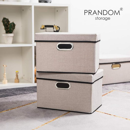 PRANDOM Foldable Storage Bin with Lid [1-Pack] Linen Fabric Decorative Storage Box Organizer Container Basket Cube with Handles Divider for Closet Office Living Room Light Grey(14.9x9.8x9.8)