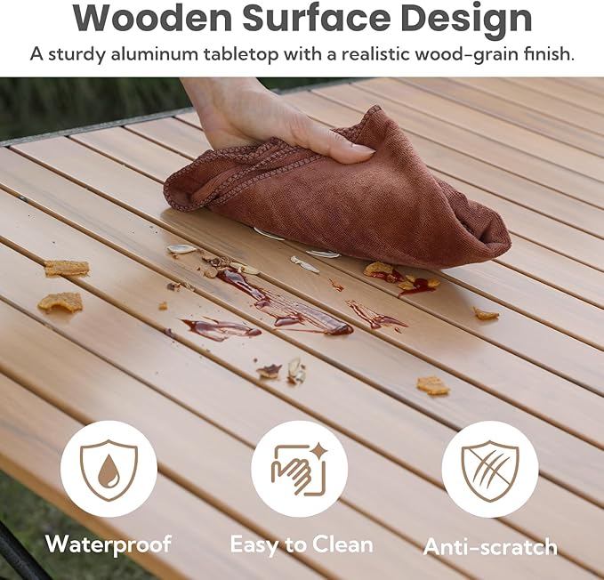 Large 46.4" Camping Table for 2-6 People - 220lbs Capacity Heavy Duty Foldable Outdoor Table with Aluminum Roll-Up Top & Carry Bag, Portable Picnic Desk for BBQ, Tailgating, Backyard (Natural)