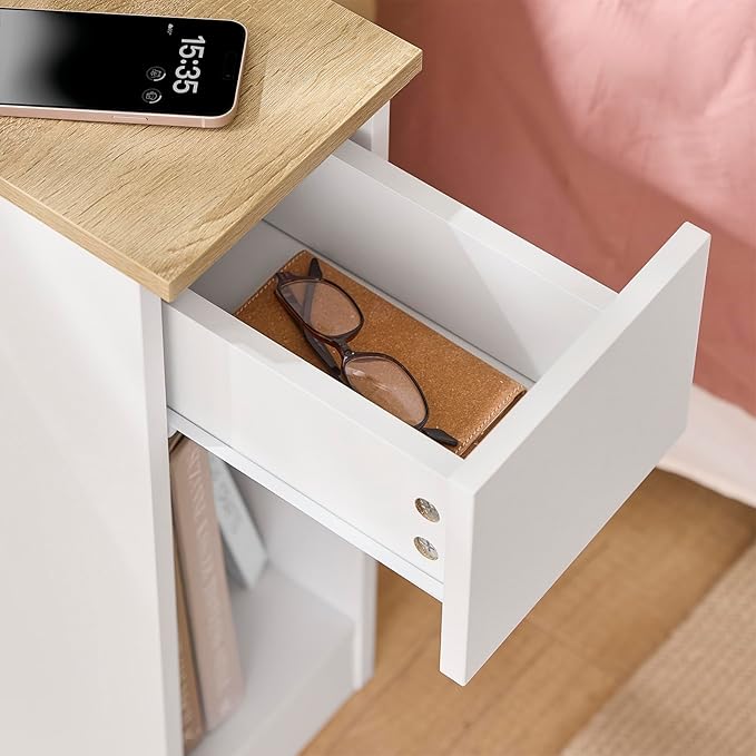 SoBuy Narrow Nightstand Set of 2 with Charging Station, Slim White Bedside Tables with USB & Type-C Ports, Drawer and Shelf, Modern Side Tables for Bedroom, Living Room or Dorm, FBT111-E-WNx2