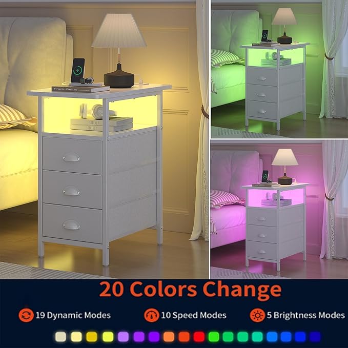 End Table with Charging Station,LED Side Tables with USB Ports and Outlets,Narrow Nightstands Bedside Tables with 3 Drawers PU Finish for Small Space,Slim Sofa Table for Livingroom,White