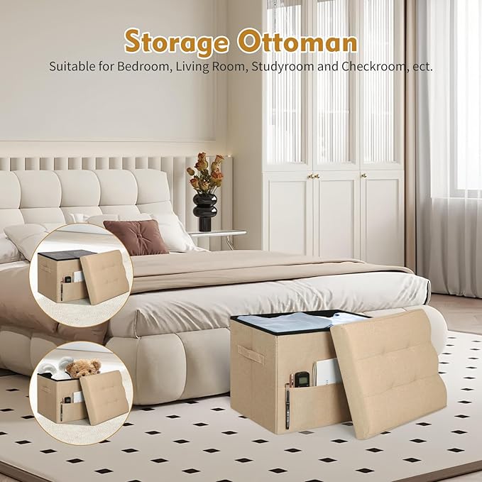 Ottoman with Storage, Small Storage Ottoman Foot Rest with Thicker Foam Padded Seat. Foldable Linen Cloth Foot Stool for Living Room Bedroom, Holds Up to 300 lbs, 17x13x13IN(Beige)