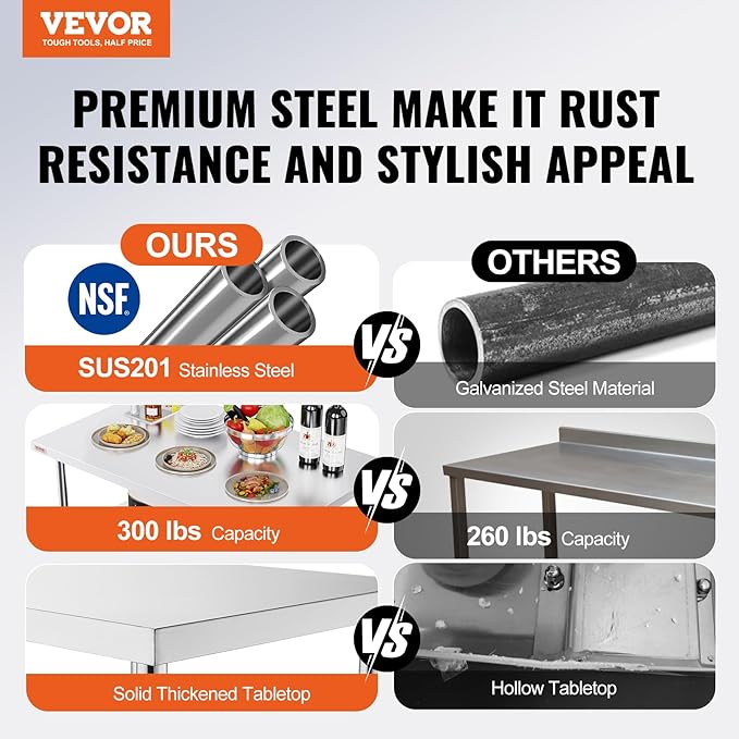 VEVOR Commercial Worktable Workstation 48 x 24 Inch Folding Commercial Prep Table, Heavy-duty Stainless Steel Folding Table with 661 lbs Load, Kitchen Work Table, Silver Stainless Steel Kitchen Island