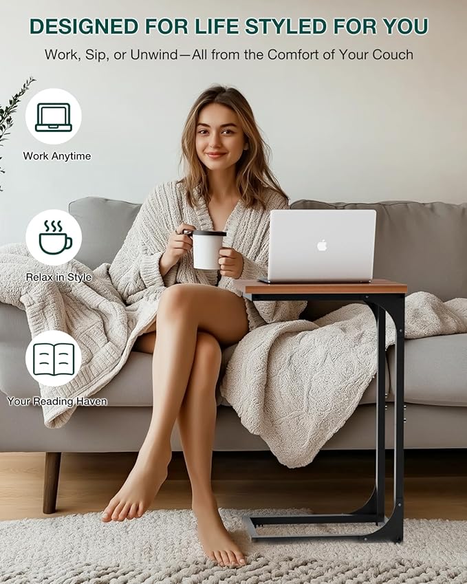 C-Shaped Side Table for Couch - Small Coffee Stand Sofa Tray Desk with Metal Frame and Waterproof Scratch Resistant, Modern End Accent for Living Room, Bedroom, Small Spaces, Rustic Walnut