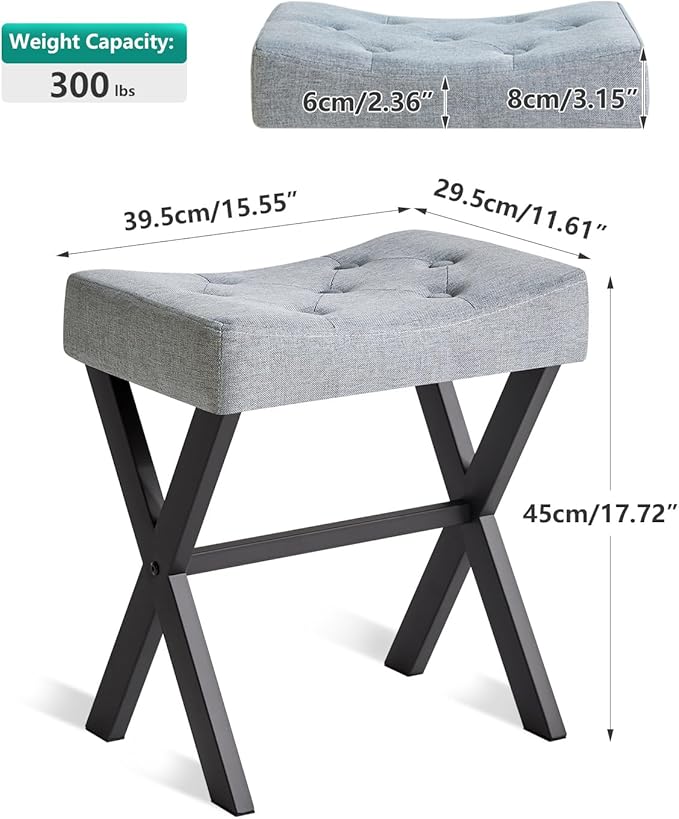 IBUYKE U-Shaped Linen Vanity Stool, Square Makeup Chair with X-Leg, Ottoman Seat Footrest Stool, Multi-Use as Small Side Table, for Bedroom, Living Room, Blue Gray WBD018L