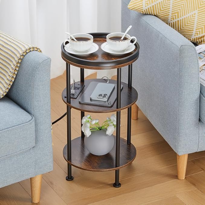 Small Round Side Table with Charging Station for Small Spaces, 3-Tier Round Accent Table with USB Ports & Power Outlets, Corner Table Sofa End Table for Living Room Bedroom (USB Charger, Rustic Brown)
