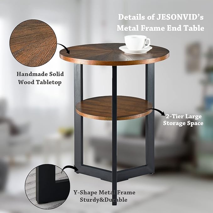 Round End Table with Storage Shelf, 19.29in Circel Accent Side Table with Black Metal Legs, 2-Tier Wood Round Sofa Side Table for Living Room Bedroom, Brushed Brown-BZ