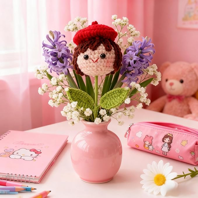 Crochet Handmade Flower Doll Bouquet Gift for Her, DIY Knitted Gifts for Home Office Desk Decor, Gift Ideas for Daughter Girl Girlfriend