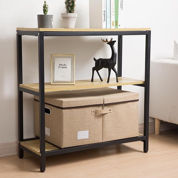 PRANDOM Storage Bins with Lids [3-Pack] Jute Fabric Foldable Storage Boxes Organizer Containers Baskets Cube with Cover for Home Bedroom Closet Office Nursery khaki（23.4X15.9X11.5