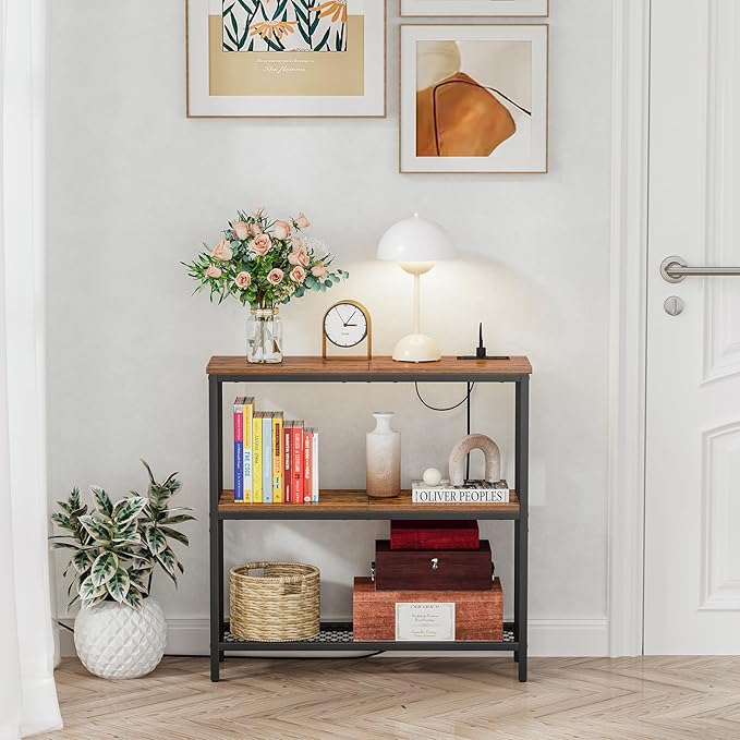 Snughome Console Table with Power Outlets, Entryway Table with Storage, Narrow Sofa Table with 3 Tier Shelves, 2 USB Ports, 2 Power Outlets, Hallway Table for Couch, Living Room, Entrance