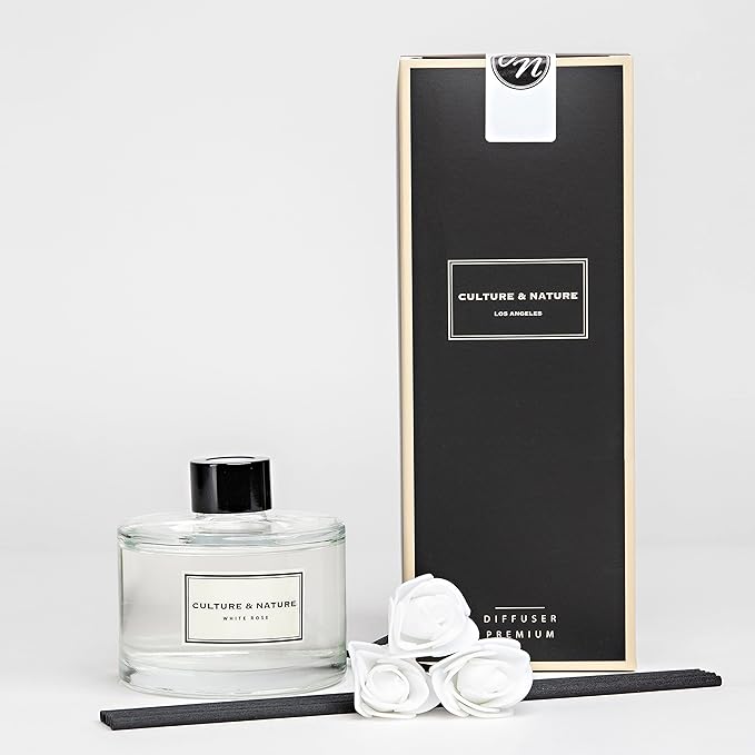 CULTURE & NATURE Reed Diffuser Set 6.7oz (200ml) White Rose Scented Diffuser with Sticks Home Fragrance Reed Diffuser for Bathroom Shelf Decor