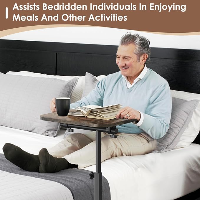 Side Table Sofa Tv Tray Height Adjustable C Shaped End Table 360° Swivel Overbed Living Room Couch Table, Rustic Brown