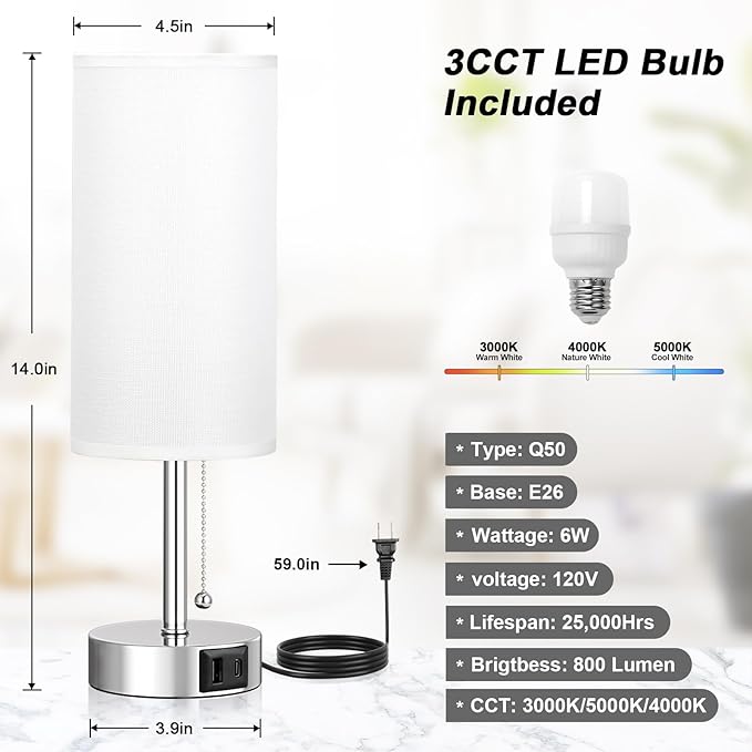 White Table Lamp for Bedroom Nightstand - Small Lamp with USB A + C Charging Port, 3 Color Temperatures Pull Chain Night Stand Light, Silver Base Desk Reading Lamp for Living Room