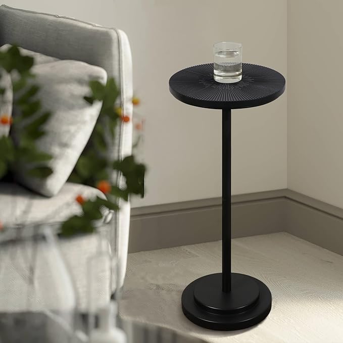 Drink Table, Carved Table Top Martini Table, Small Side Table, Weighted Base Pedestal Table for Living Room, Bedroom, Modern, Black, 1-Pack
