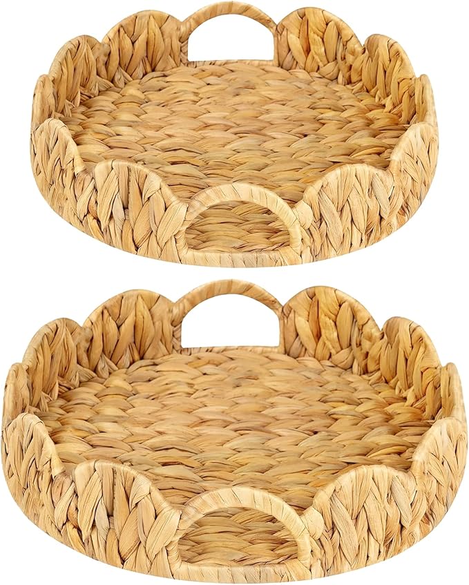 Scalloped Tray Set of 2, 11.8" and 13.8" Large Round Basket Tray Wicker Rattan Serving Tray2 with Handles, Scallop Basket Table Décor Trays, Water Hyacinth Round Rattan Tray1 for Ottoman Decorative