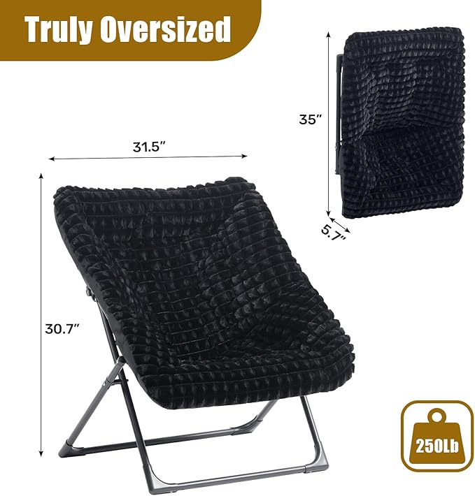 HollyHOME X-Large Saucer Chair, Comfy Oversized Folding Chair, Faux-Fur Reading Chair for Teens, Adults, Foldable Accent Lazy Chair, Metal Lounge Chair for Living Room, Bedroom, Dorm, Grid Black