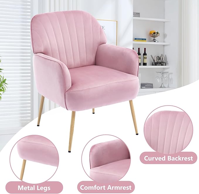Velvet Accent Chair, Modern Upholstered Single Sofa Side Living Room Chair, Comfy Barrel Reading Armchair with Metal Legs for Bedroom, Waiting Room, Office and Cafe, Pink
