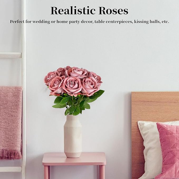 10 PCS Artificial Roses with Long Stems Silk Flowers Realistic Foam Flowers Fake Roses for Valentine's Day Home Wedding Halloween Decor(Dim Pink)