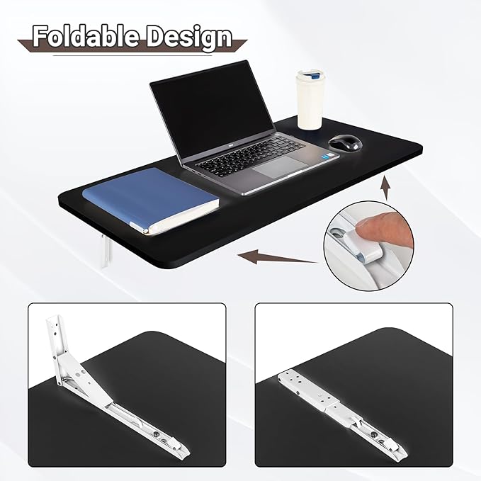 Wall Mounted Folding Table 31.5”L x 15.7”W, Laundry Folding Table with Heavy Duty Metal Collapsible Shelf Brackets, Wall Mounted Desk Fold Down for Small Spaces, Black