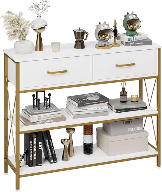 HITHOS Industrial Console Table with Drawers, Vintage Hallway Foyer Table with Storage Shelves, Narrow Long Sofa Entryway Table for Living Room, White/Gold