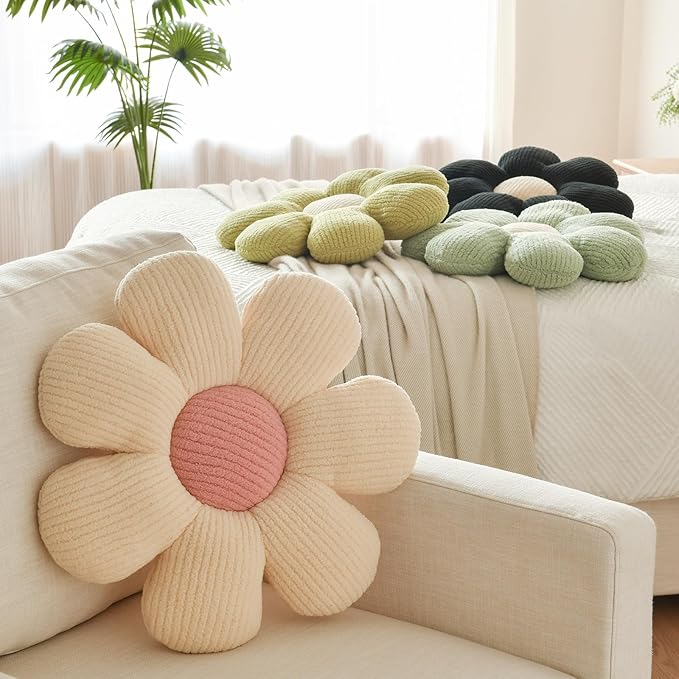 Xuyier Flower Shaped Throw Pillow,Soft Daisy Pillow with Decorative Pillows for Bed Couch Chair Floor, Flower Plush Pillows for Living Room Bed Room Seat Cushion(19.6" Ivory)