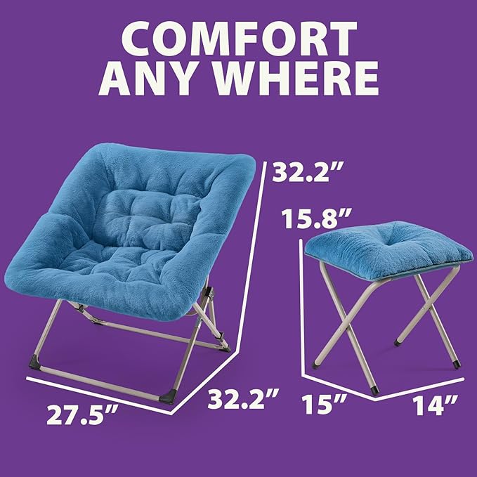 OAKHAM Comfy Chair for Adults, Soft Faux Fur Folding Lounge for Bedroom Living Room Dorm Rooms Flexible Reading Chair for Teens Kids, X-Large Foldable (Ottoman-Blue)