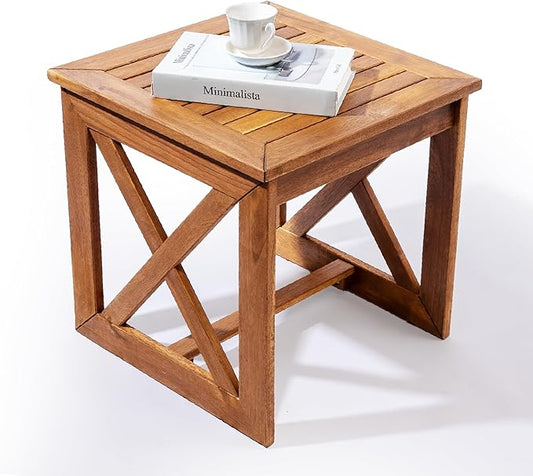 100% Acacia Wood Small Table, Outdoor Side Table for Patio, Poolside, Garden, Backyard, Entryway, Outdoor Space (X-braced Style)