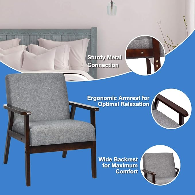 Giantex Set of 2 Mid-Century Modern Accent Chair, Retro Fabric Armchair, Solid Hardwood Made, Upholstered Linen Lounge Arm Chair for Living Room (Dark Grey)