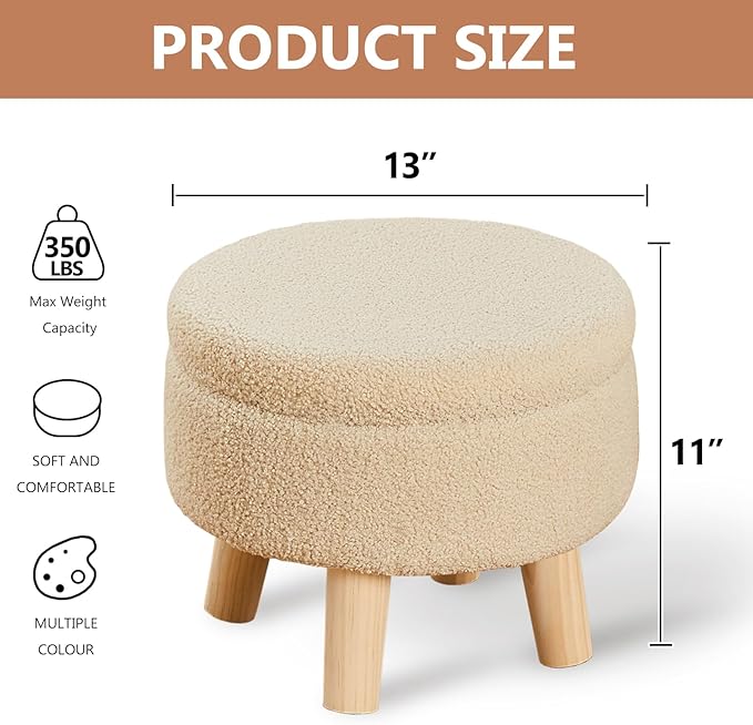 Wimarsbon Storage Ottoman, Modern Round Footrest with Soft Padded Seat, Teddy Velvet Footstool with Wood Legs, Accent Small Table or Plant Stand for Hallway, Living Room (Off-White)