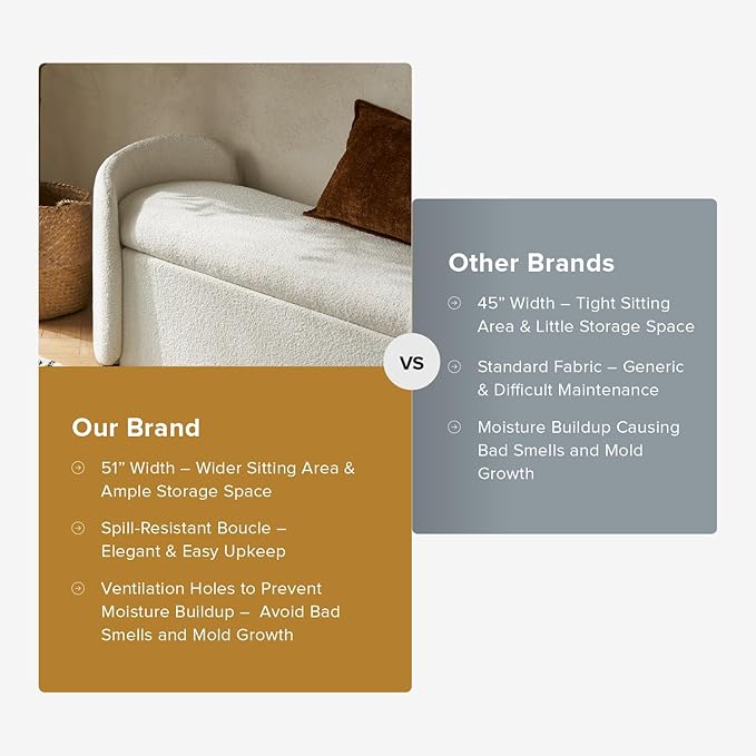 mopio Sophie 51" Ottoman Storage Bench, Entryway and Window Seating, End of Bed Curved Stool for King & Queen Bed, Storage Chest for Bedroom (Pearl White Boucle)