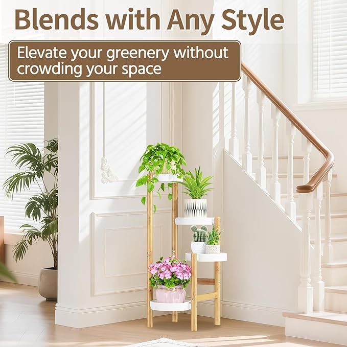 LASZOLA Bamboo White 4 Tier Heavy Duty Plant Stand Indoor, Tall Multiple Level Vertical Planter Rack for Modern Narrow Corner, Slim Spiral Flower Holder Organizer Display for House Decor, Plastic Tray