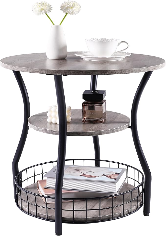Small Side Table Round End Table with Storage Shelves Basket, 3-Tier Accent Corner Sofa Couch Side Tables Coffee Drink Table for Small Spaces,Round Nightstand for Living Room, Bedroom, Greige