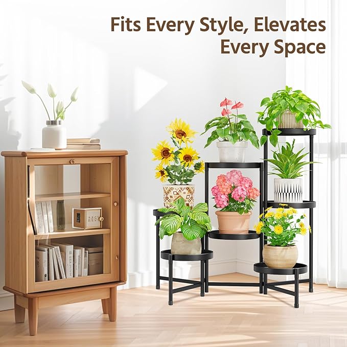 LASZOLA 7 Tiered Folding Plant Stand Indoor for Multiple Large Planter, Tall Heavy Duty Adjustable Rack with Rust Proof 10 Inch Wide Tray, Sturdy Vertical Tree Organizer for Narrow Inside Floor, Black