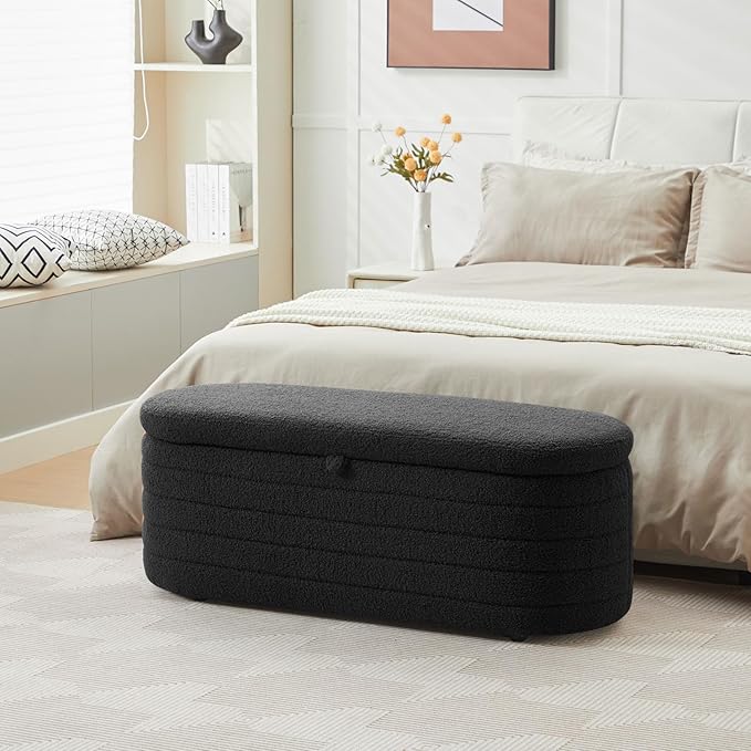 Storage Ottoman Bench End of Bed for Bedroom,45 inch Boucle Upholstered Entryway Shoe Seat Bench w/ Storage,Sherpa Modern Cute Padded Blanket Chest Stool Foot Rest for Living Room,Black