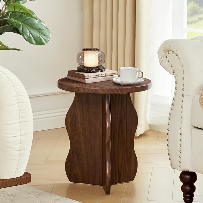 15.7" Dx17.9 H Small Round Side Table, Wooden End Table for Small Narrow Space, Mid-Century Farmhouse Drink Pedestal Table Accent Nightstand for Living Room, Bedroom, Balcony (Walnut)