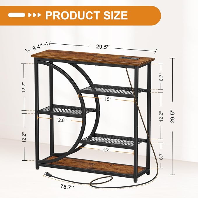 Snughome Entryway Table, Console Table with Charging Station, Industrial Narrow Sofa Table with 5 Tier Storage Shelves, Entrance Table for Hallway, Behind The Couch, Living Room, Foyer