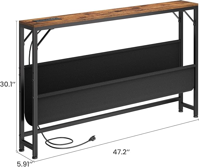 47.2'' Skinny Console Table with Charging Station and Storage, Narrow Sofa Table with Power Outlets and USB Ports, Behind Couch Table, for Living Room, Foyer, Entryway, Hallway, Rustic Brown