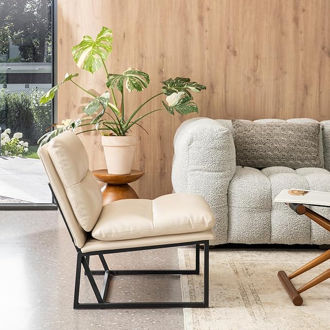 Glitzhome Mid Century Modern Accent Chairs Set of 2, Living Room Chairs with Metal Frame, Thick Leatherette Leisure Chairs Upholstered Chairs for Home Office -Beige