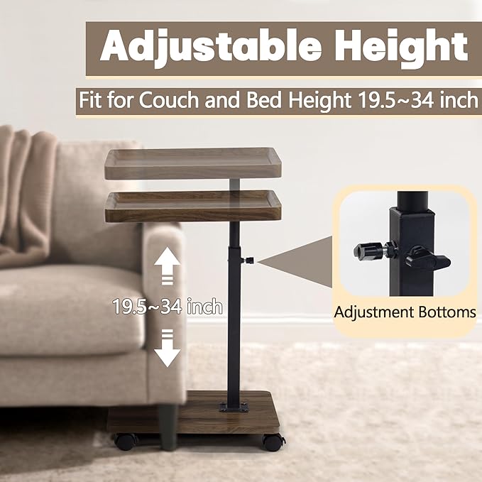 Aoligrace C Table End Table Adjustable Height, 360° Swivel Side Table with Wheels, Small TV Tray Table for Living Room Bedroom, Couch Tables That Slide Under for Sofa Bed Chair