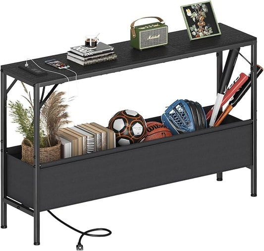 Console Tables with Charging Station and Storage Basket, 47.2'' Entryway Table Narrow with Power Outlets USB Ports, Couch Table Behind Sofa, Hallway Table for Foyer, Living Room, Black